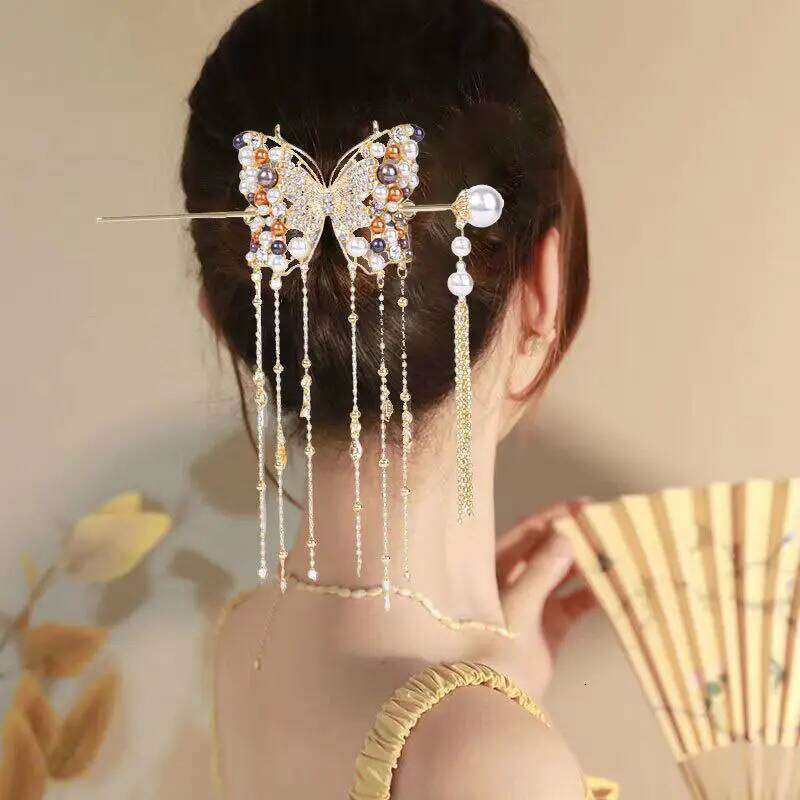 Women Fashion Colored Pearls Butterfly Alloy Hairpin Ladies Clip Tassels Party Sticks Elegant Hair Accessories