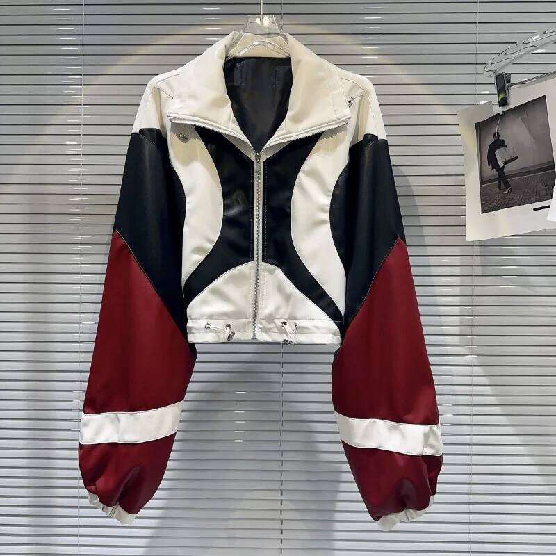 Hot Selling Contrasting Patchwork Short Coat Unisex Motorcycle Women's Autumn American Drawstring Leather Jacket