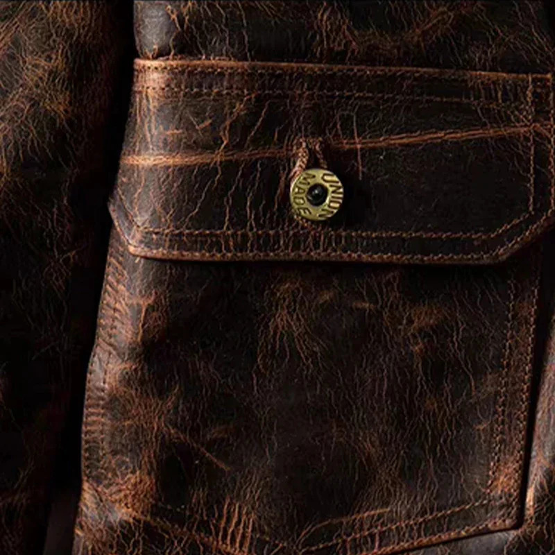 Style Heavy Oil Wax Top Layer Tea Core Horse Leather Short Section Slim Mens Genuine Leather Jacket Retro Coat 250530