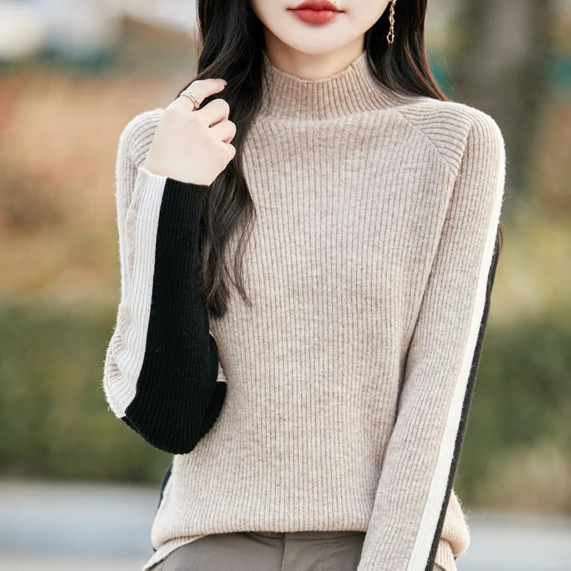 Spring 2025 100 Pure Wool Sweater Ladies SemiHigh Neck Loose Pullover Fashion Long Sleeve Color Matching Knit Base Shirt 250530