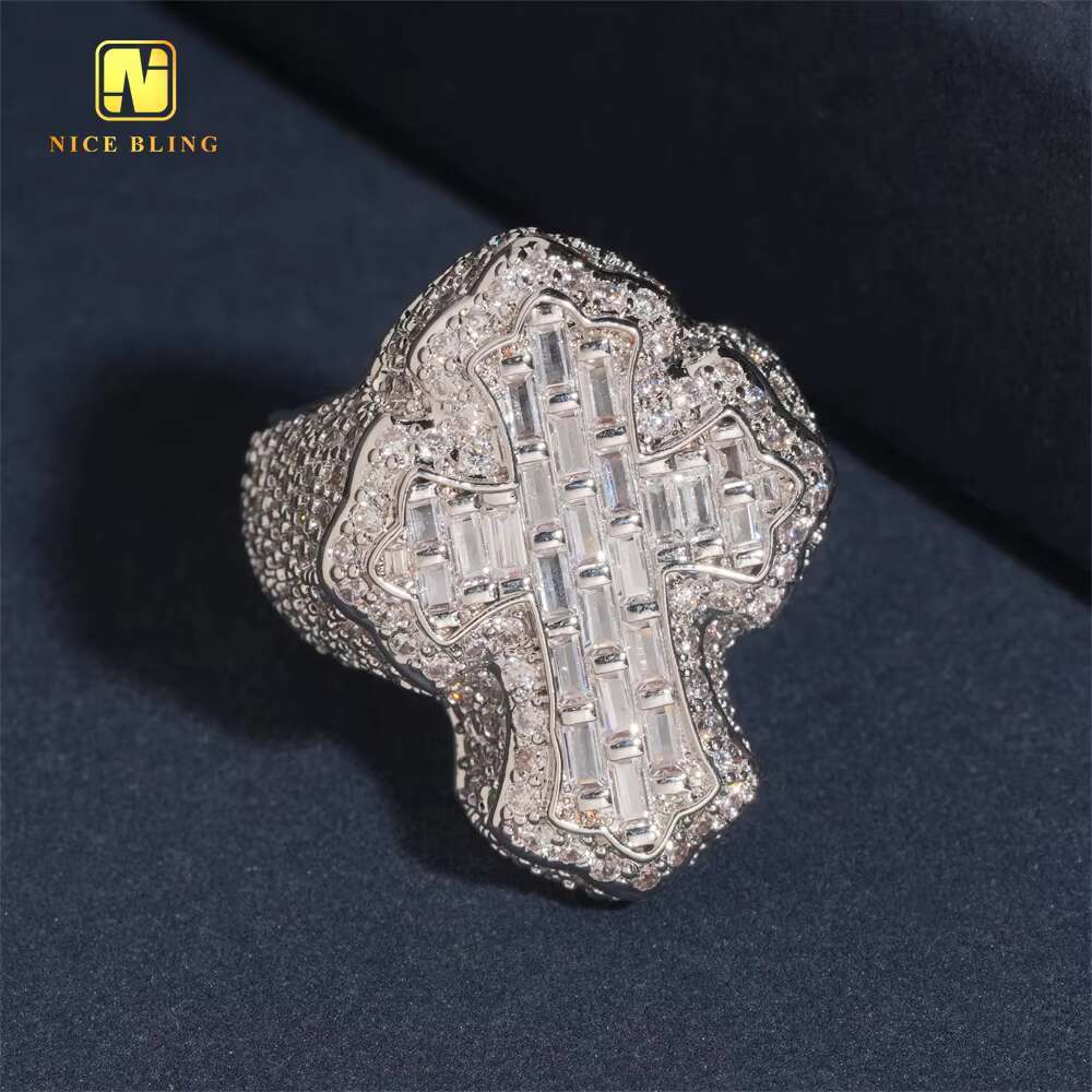 Fashion Jewelry Ring Baguette Hip Hop Brass 5A Cubic Moissanite Full Diamond Iced Out Jewelry Cross Rapper Ring for Men