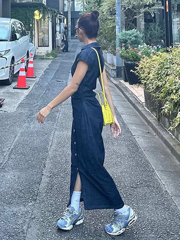 Elegant Pleated Women Denim Dress Turn-down Collar Single Breasted Slim Female Long Dresses 2025 Summer Fashion Lady Robe 250529