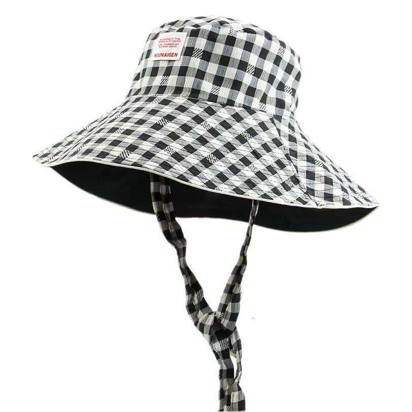Reversible summer outdoor sun for traveling, lace-up plaid bucket hat, women's large brim, foldable sunshade hat