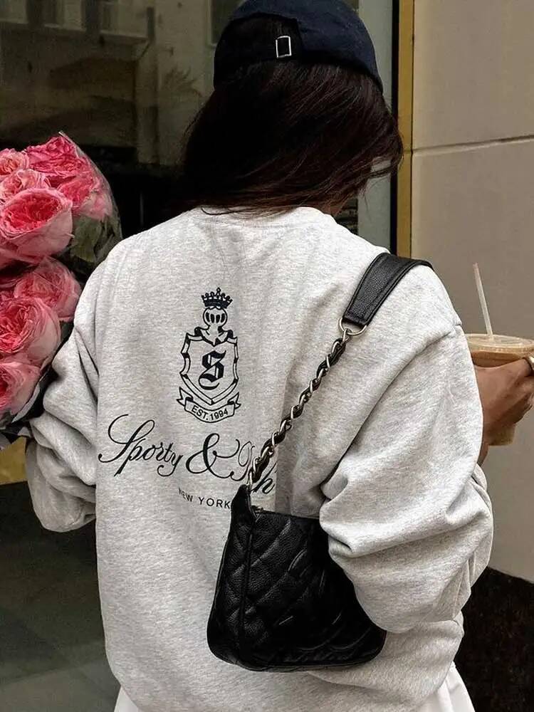 Women's Grey And Navy Sweatshirt Cotton Crew Neck Long Sleeve Relaxed Fit Autumn Sweatshirt Female Winter Clothes Women