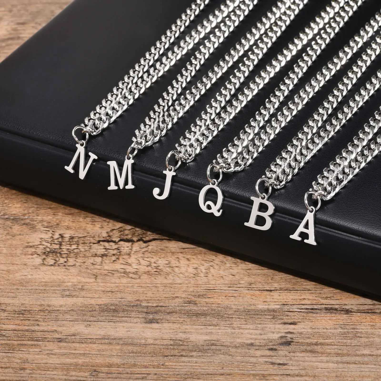 Initials Cuban Chain Necklaces for Men Boys Waterproof A-Z 26 Alphabet Charm Pendant with 50cm/19.7 Stainless Steel Chain Gifts XJ250604