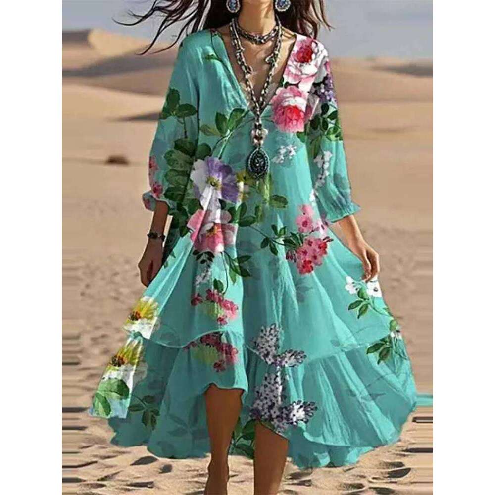 Summer Women V-Neck Floral Print Vintage Dresses Casual Loose Long Sleeve Irregular Lotus Leaf Edges Beach Dress Streetwear New