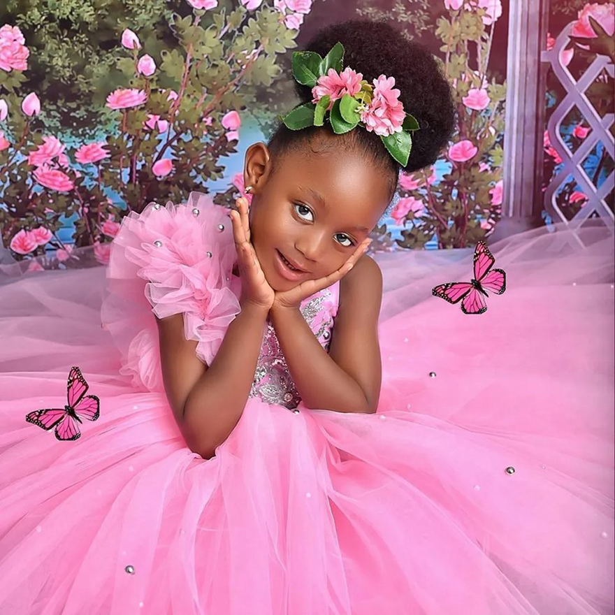 Pink Little Kids Birthday Party Dresses Jewel Lace Appliqued Beaded Flower Girl Dresses Tiered Tulle Flowergirl Dress Commuication Dress Gowns for Bla