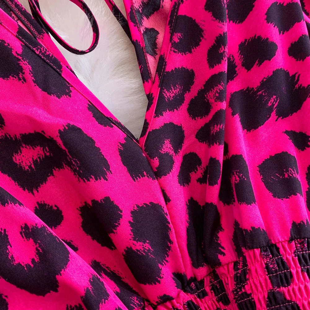 Summer Fashion VNeck Leopard Print LaceUp Jumpsuit Short Sleeve Loose Playsuit Overalls Women Elegant Ruffle Rompers 250604