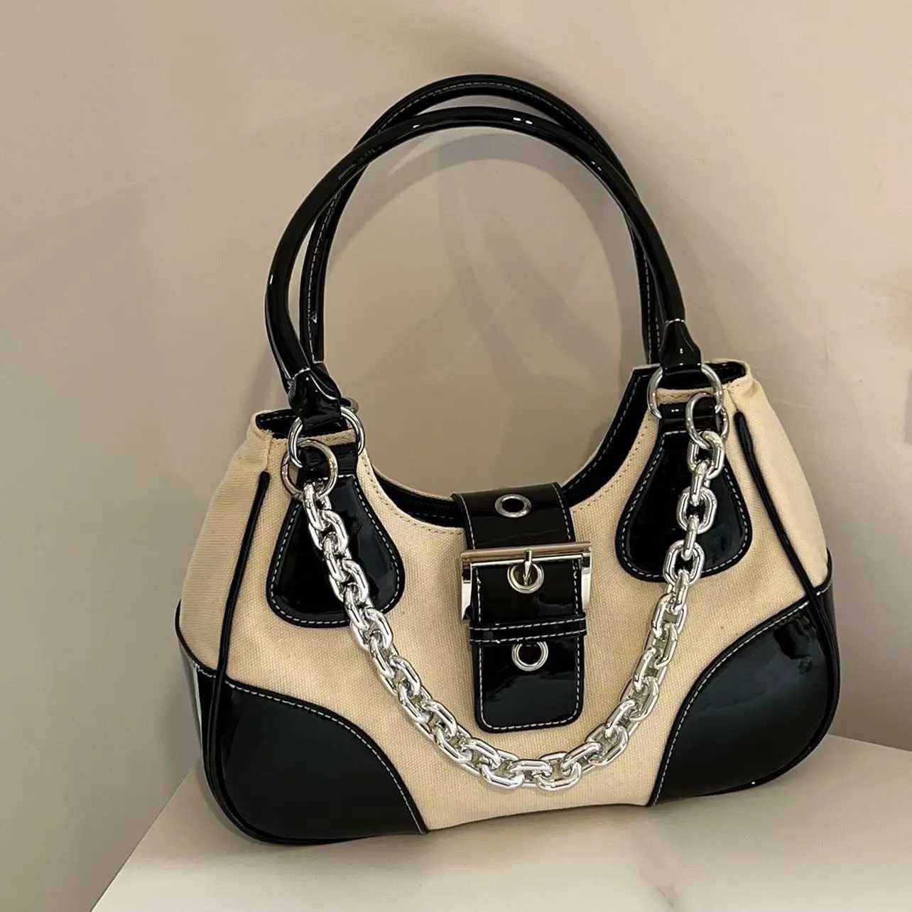 Inner y2k bag cool patent leather+ canvas underarm bag vintage women Metal Chain shoulder bag for female totes XJ250605