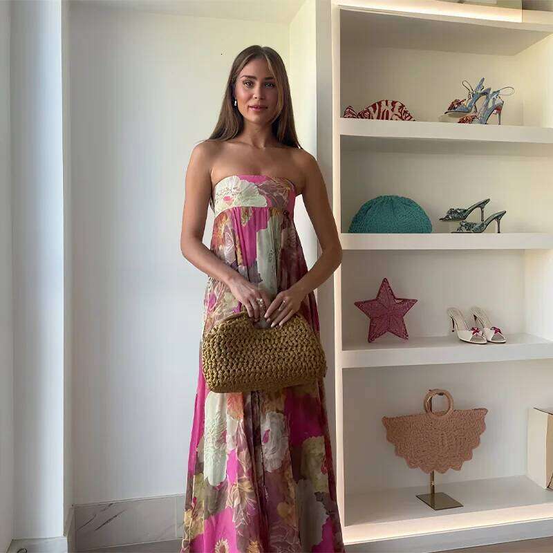 Chic Retro Floral Printed Sling Long For Women Sexy Backless High Waist Loose Maxi Dress 2025 Summer Evening Party Gowns