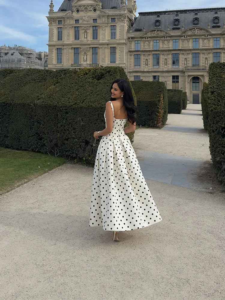 Vintage Polka Dot Printed High Waisted Sling Long Dresses Women Elegant Backless Sleeveless Robes Chic Lady Party Dresses 250604