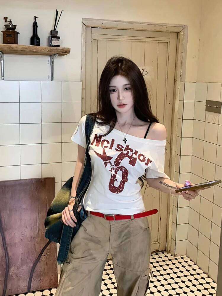 Y2k Sport Summer Off Shoulder Women Sexy Vintage 2000S Short Sleeve T Shirt Lady Body Basic Crop Top Female Casual