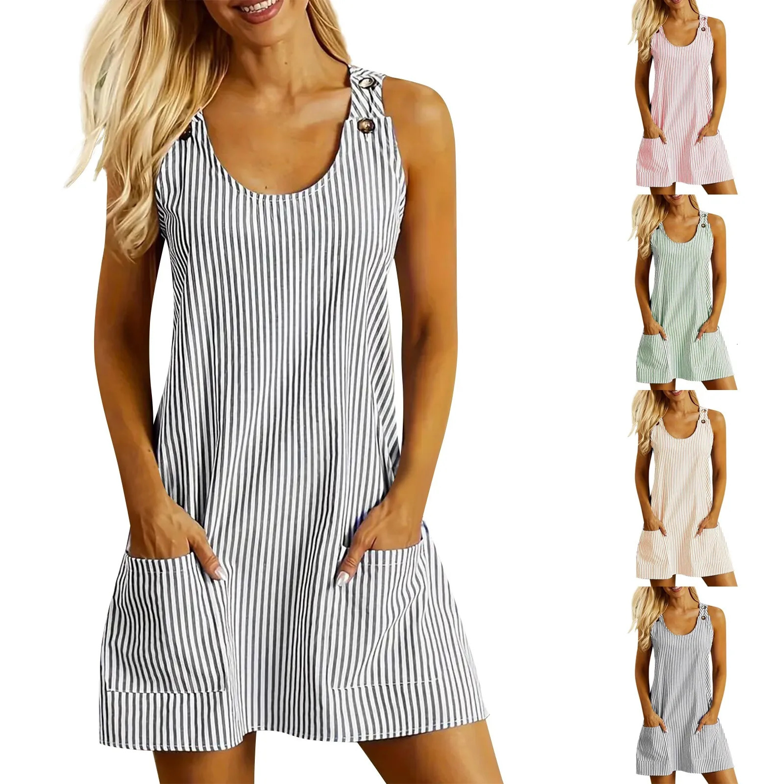 Womens Round Neck Tank Dress with Pockets Classic Striped Strap Button Casual Fashion Mini Summer Outdoor Beach Dresses 250604