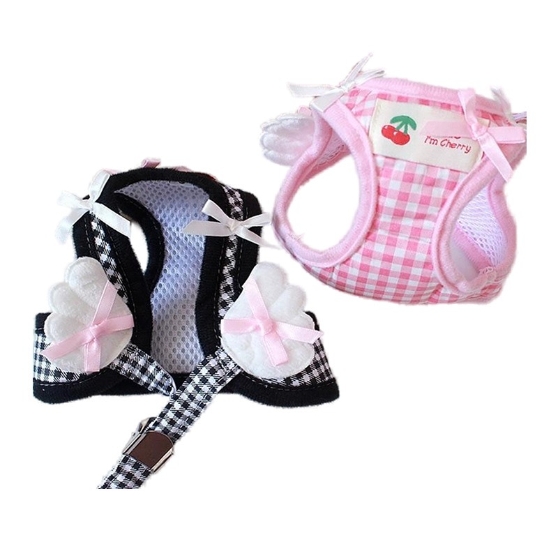 Cute Gingham Pet Harness Leash Set with Angel Wings for Small Dogs and Cats