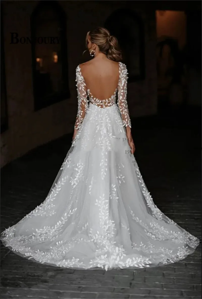 Boho A Line Wedding Dresses Lace Appliques Long Sleeves Ivory Tulle Bridal Gowns Court Train Sexy Backless Beach Vestido De Novia