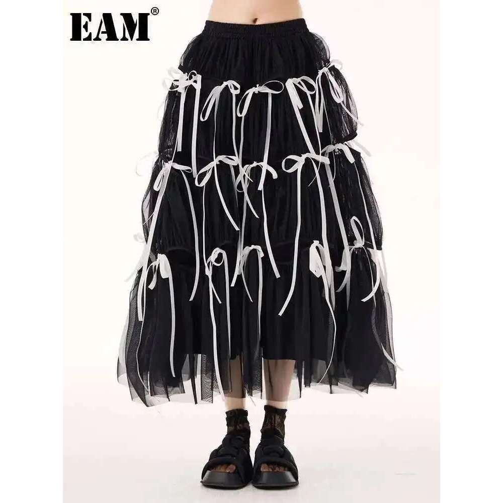 EAM High Elastic Waist White Mesh Bangage Color-Block A-Line Half-Body Skirt Women Fashion Tide New Spring Autumn 2025 1Dh9504
