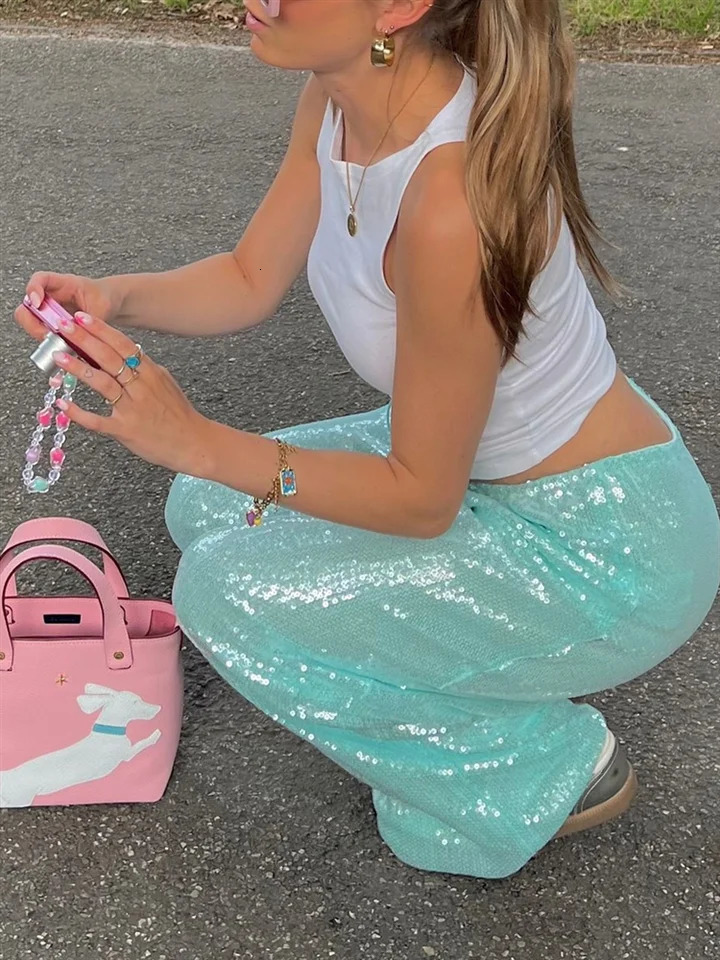 Loose Solid Color Sequin Pants Woman Cinched Waist Glitter Straight Baggy Long Casual Street Chic Sparkle Womens Trousers 250604