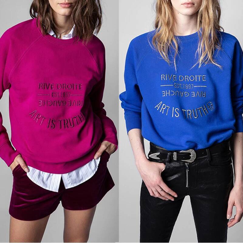 Early Autumn New French Niche ZV Classic Letter Embroidery Pink Cotton Women's Embroidered Pullover Sweater Sweatshirt