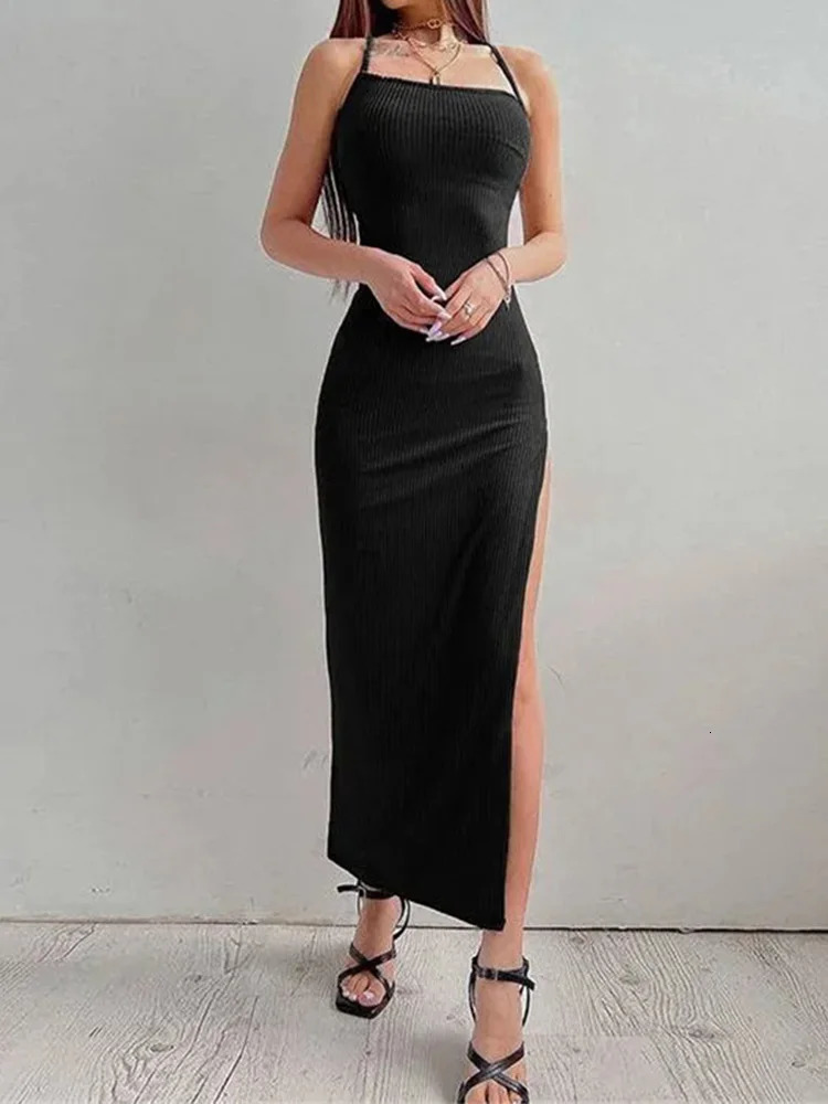 Sexy Black Long Bodycon Dres Summer Sleeveless Blackless Halter Neck Spaghetti Strap Dresses High Split Vestidos y250526