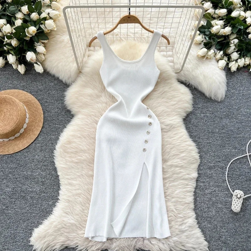 HELIAR Elastic Sexy Package Hips Knitted Long Dress Women Split Party Bodycon Summer Streetwear Outfits Dresses 250604