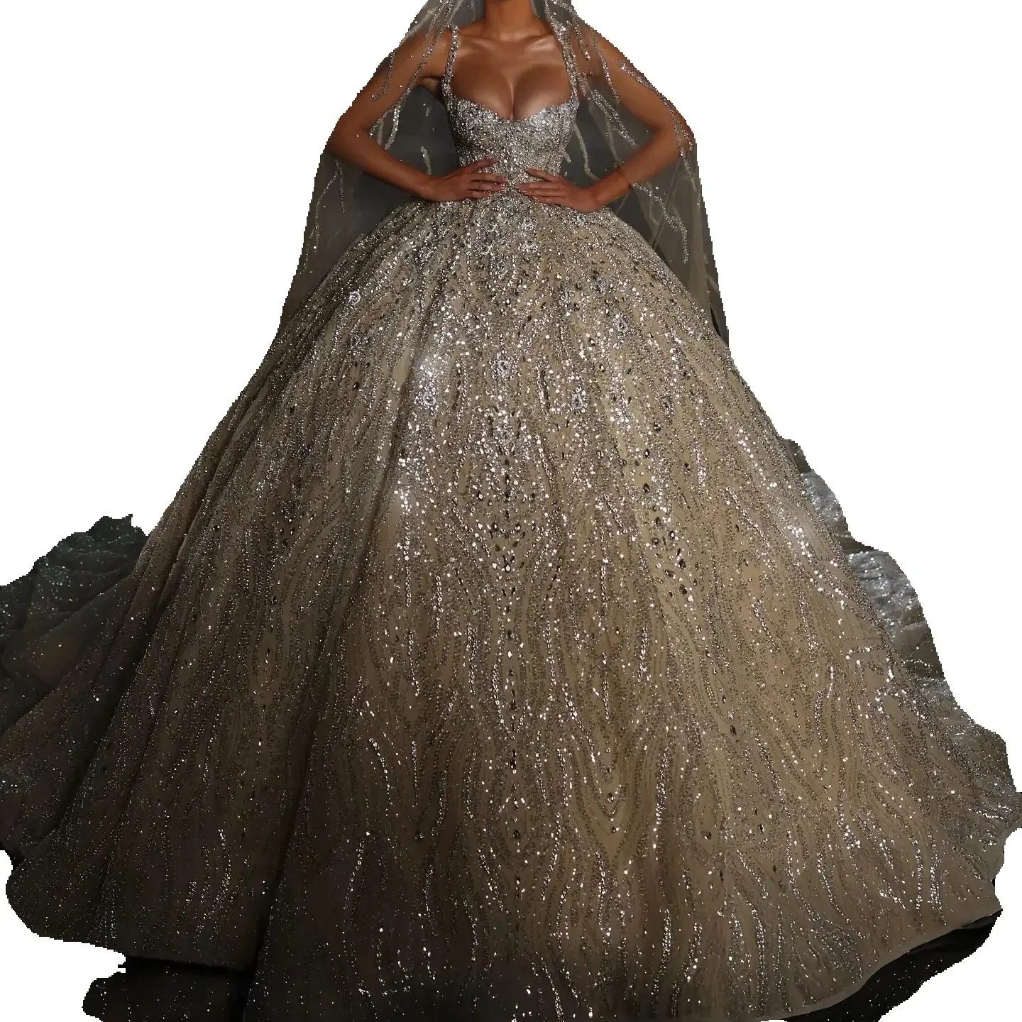 Luxury Crystal Ball Gown Wedding Dress Beaded Spaghetti Straps Wedding Dresses Rhinestones Sweep Train Customized Bridal Gowns