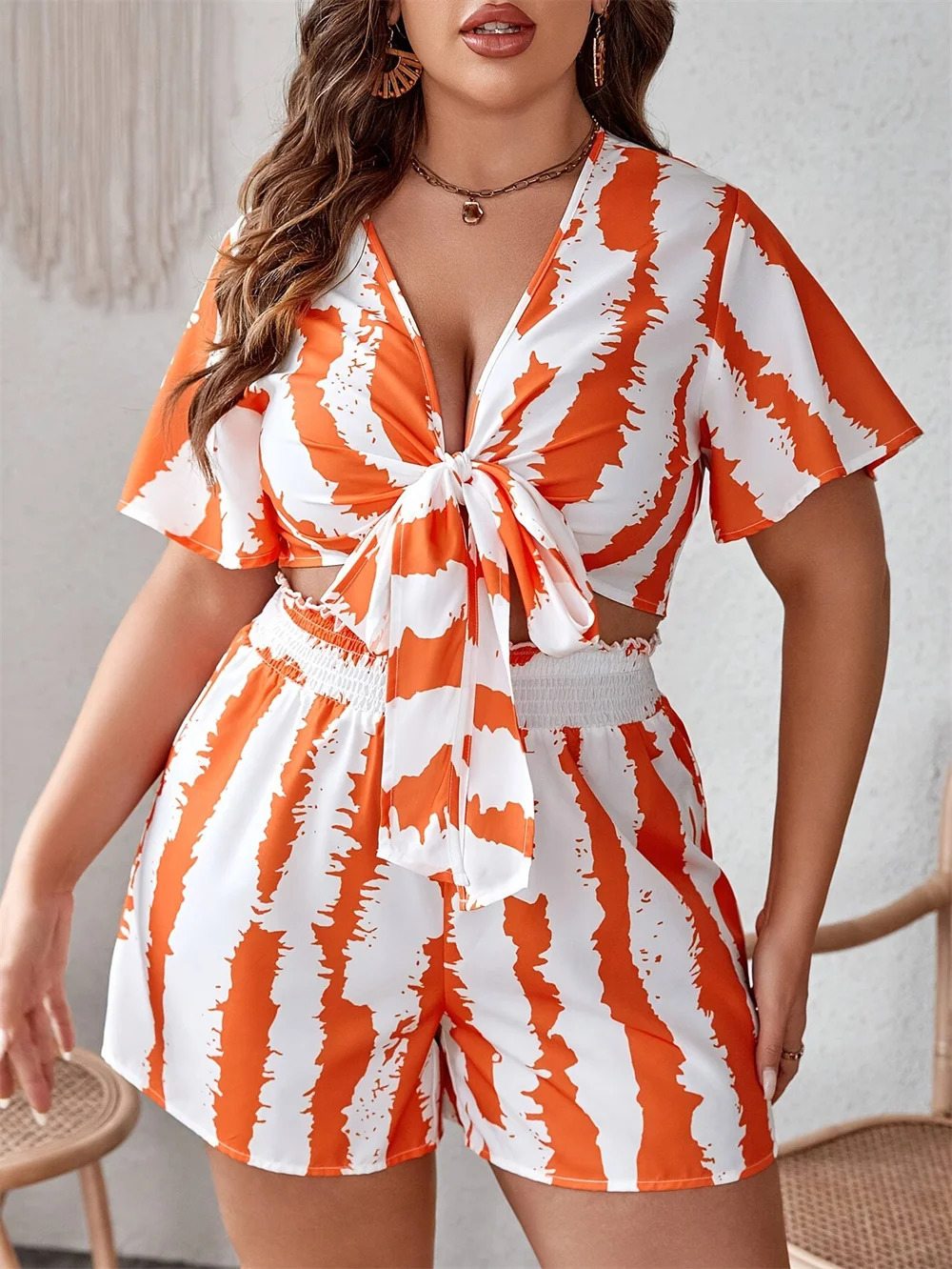 GIBSIE Plus Size Boho Beach Vacation Summer Two Piece Set Womens Casual Print Deep VNeck Crop Top And Shorts Outfit 250603