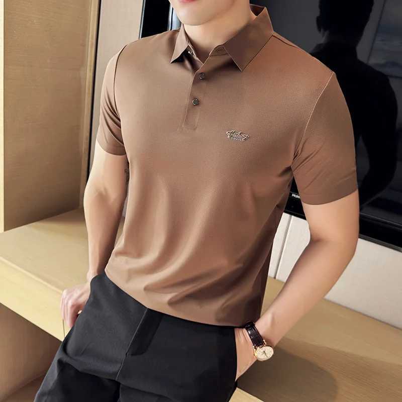 High Elasticity Mens Short Sleeve POLO Shirt 2024 Summer New Solid Casual Pure Cotton Slim Fit Embroidered T-shirt Mens Clothing XJ250605