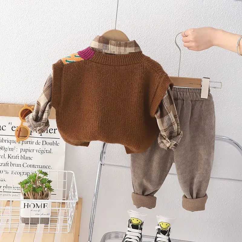 Childrens Sweat Set Korean Baby Boy Clothes 6M-5T Cartoon Knitted Vest + Plaid Shirts + Pants 3PCS Kids Boys Outfit Set R250605