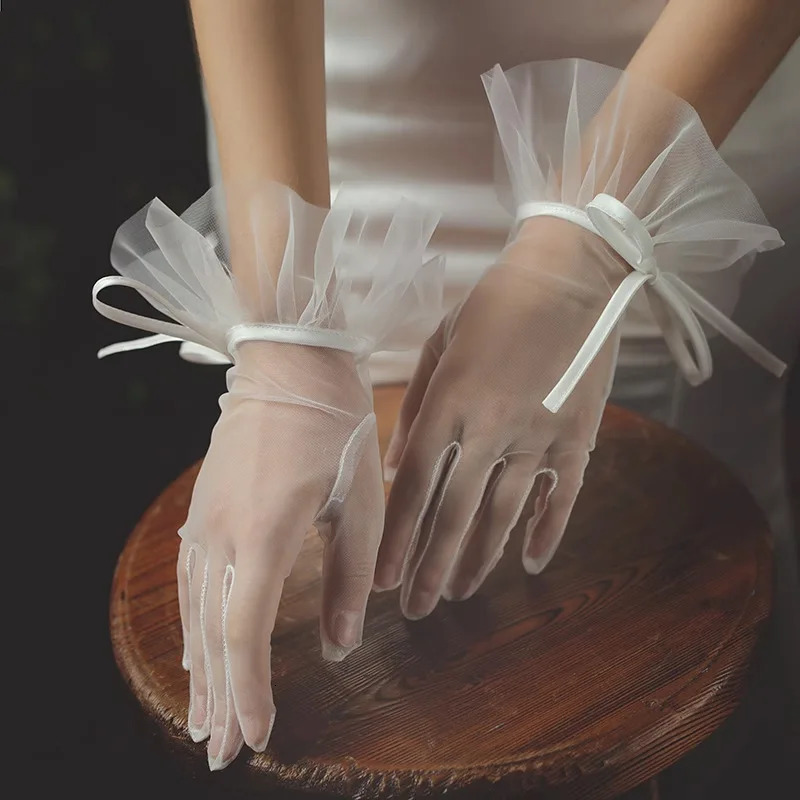 Elegant Wedding Bridal Short White Gloves Breathable Tulle Ribbon Bow Brides Bridesmaid Women Pageant Prom Handschuh 250530