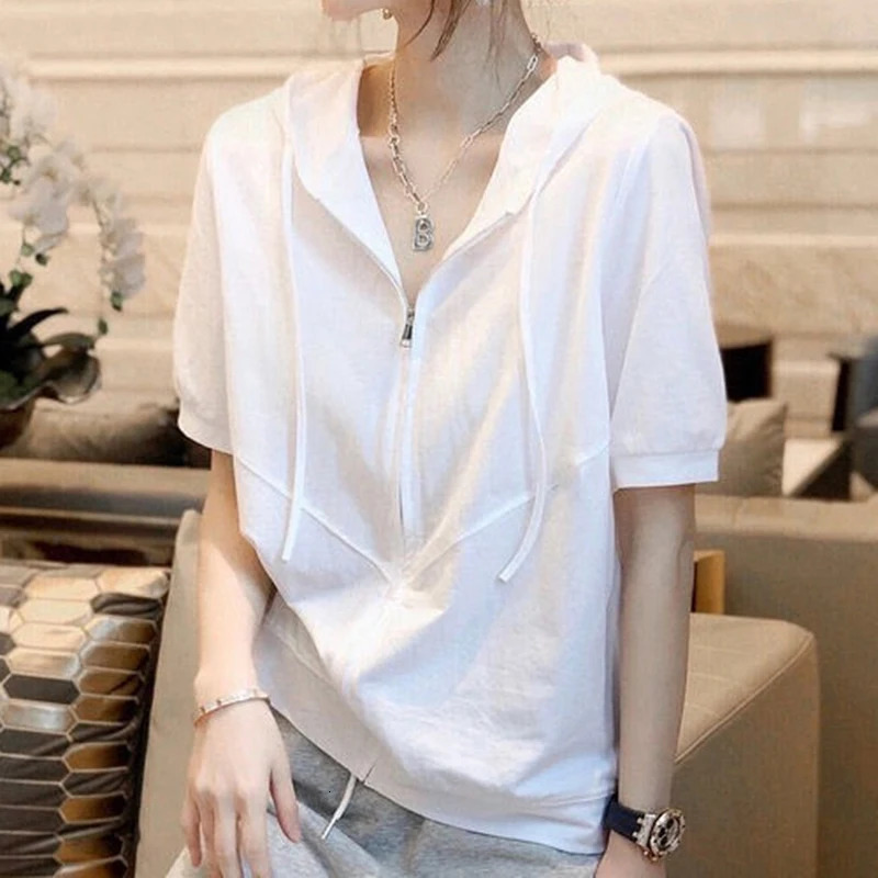 Y2K Women Short Sleeve Hoodies Summer Zipper Fashion Female Streetwear T Shirts Korean Casual All Match Student White Tops 250604