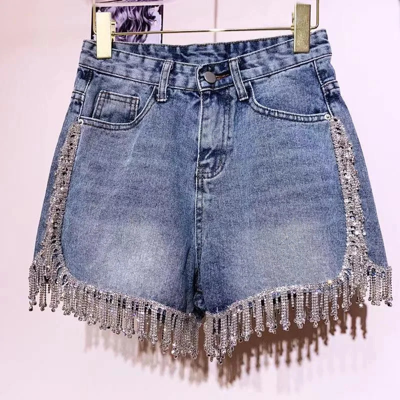 Sexy Women Rhinestones Fringed High Waist Drilling Denim Shorts Diamonds Tassels Jeans Pants Chic Crystal Short Trousers 250604