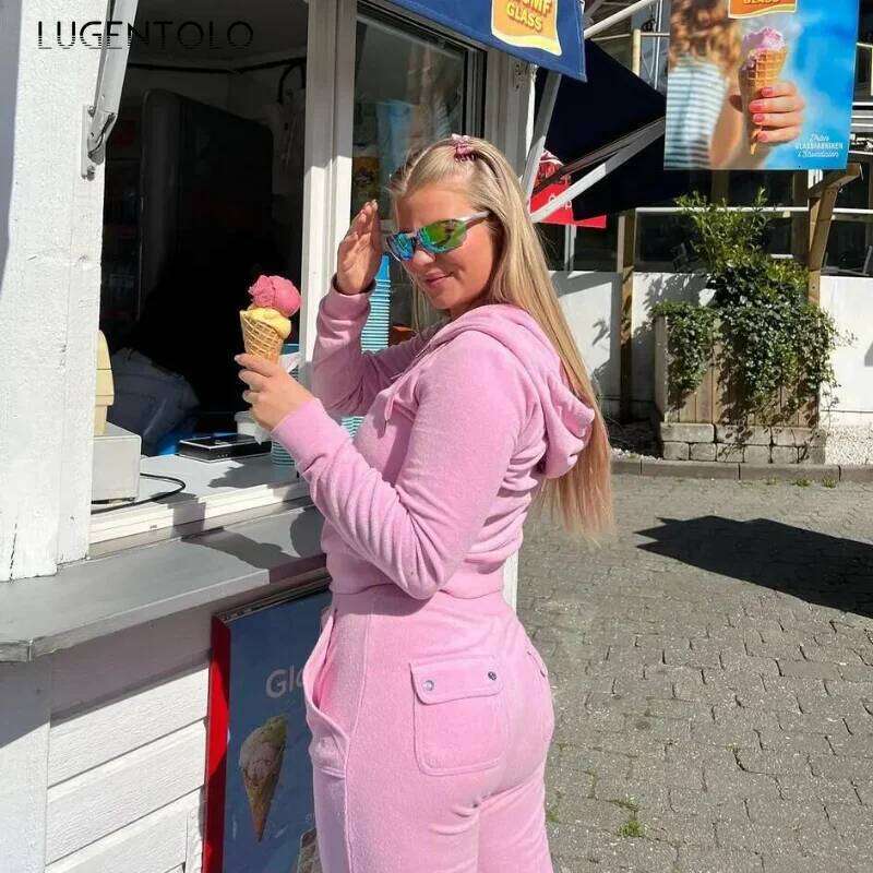 Women Hoodie Two-piece Set Y2k Veet Zip Cardigan Jacket Multi-pocket Jogging Straight-leg Pants Fiess Sports Street Wear