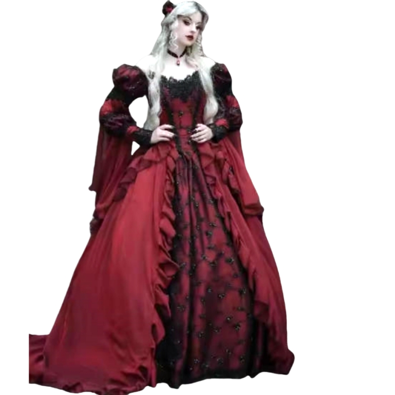 Medieval Gothic Prom Dresses Burgundy With Black Vintage Victorian Renaissance Special Occasion Gown Ruched Ruffle Long Sleeves Masquerade Princess Co