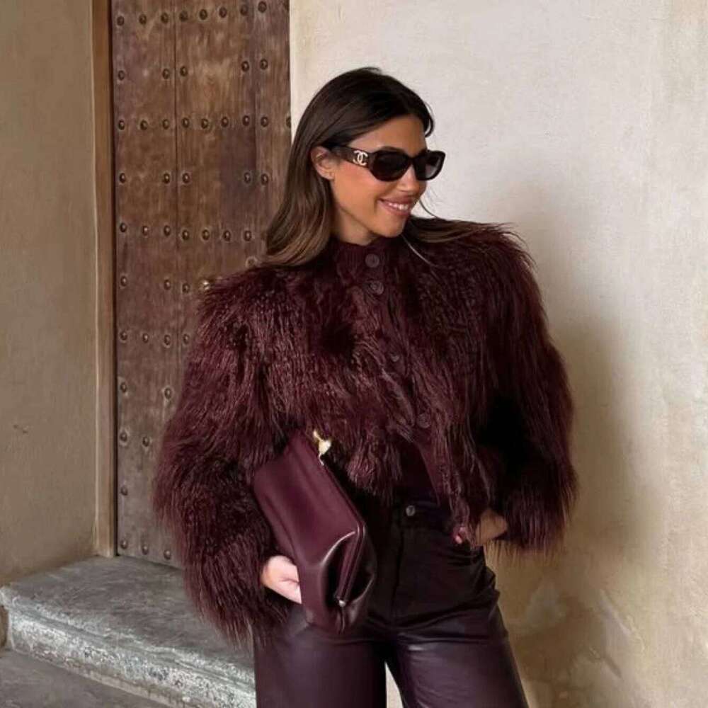 PB&ZA Women's 2024 Autumn/Winter New Collection Knitted Stand up Collar Artificial Fur Effect Maillard Short Jacket