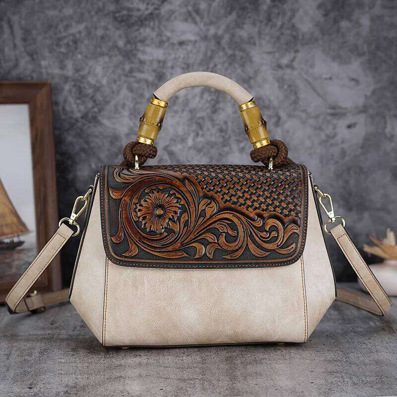 Johnature 2025 New Vintage Emed Women Bag Versatile Leather Handbag Large Capacity Handmade Female Shoulder Bags 2025/06/05