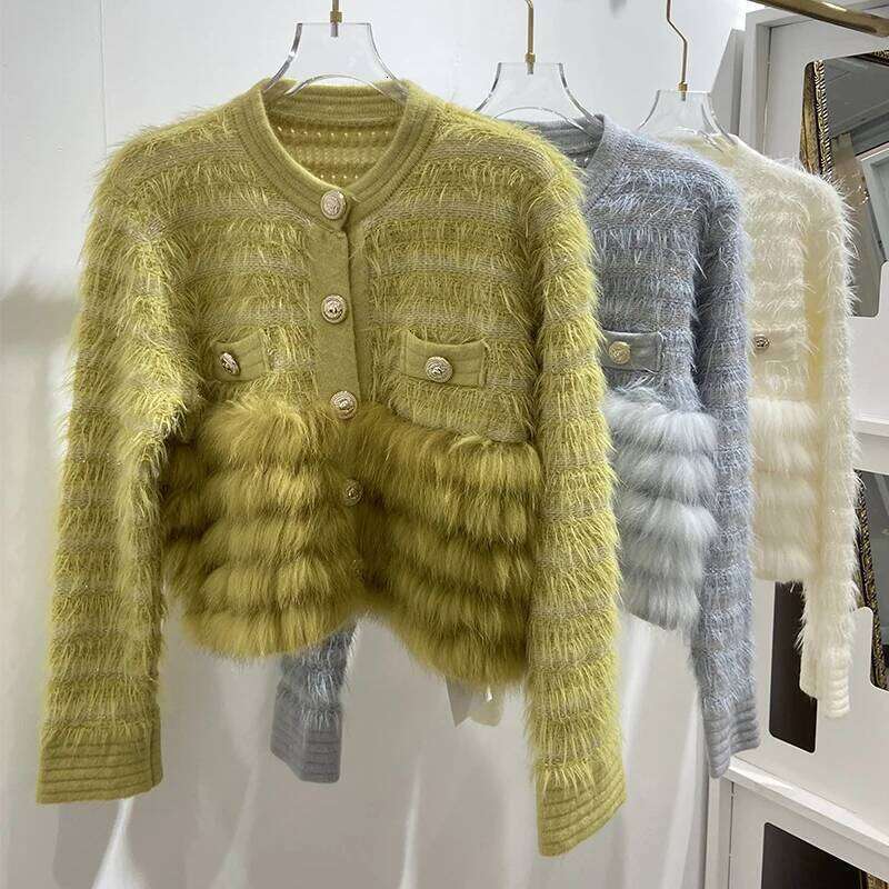 2024 Autumn Girl's Fashion Yellow Fox Cute Sweater Real Fur Spring Lovely Women Knitted Special Design Jacket Wear