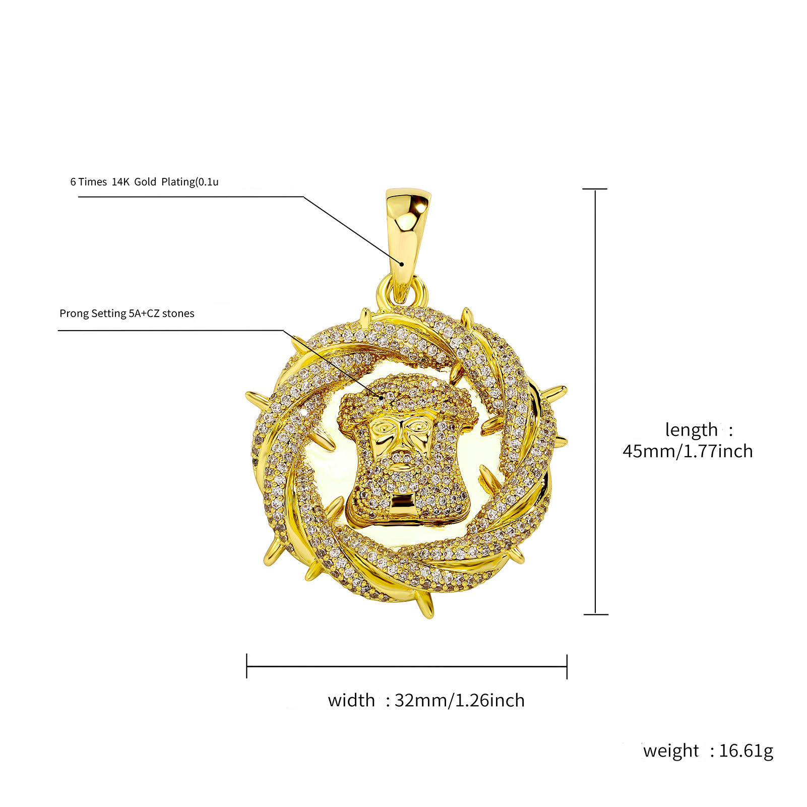 Hip Hop Vintage Jesus Face Pendant Necklace 18K Gold Plated Mens Religion Jewelry