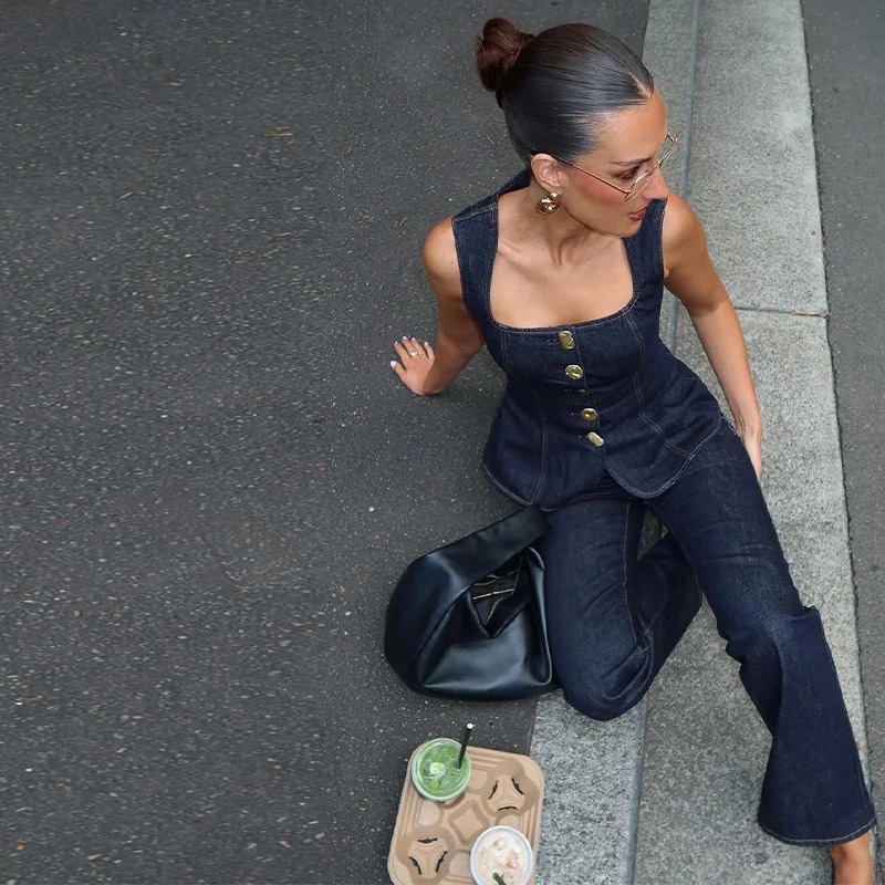 Women Vintage Denim Top Pant Set Square Collar Single Breasted Tank High Waist Jeans Female Sets Fashion Y2k Outfits 250604