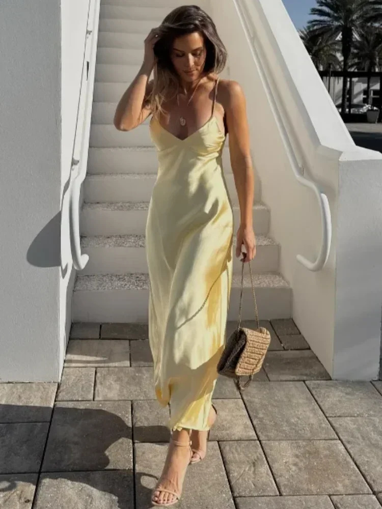 Elegant Yellow Satin Sling Dresses Women Sexy Sleeveless Backless Loose Party Lady Slim Fit V Neck Club Evening Robes 250604