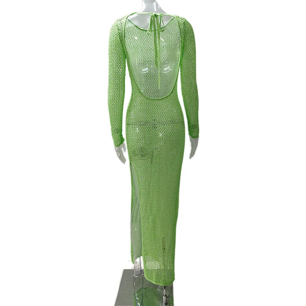 SpringSummer European and American womens wear sexy cutout seethrough vacation solidcolor backless knitted long dress 250604