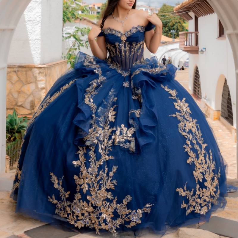 Navy Blue Quinceanera Dresses Ball Gown Off Shoulder Gold Lace Applique Beads Tull Corset Sweet 16 Birthday Party Gown Vestidos 15 Anos