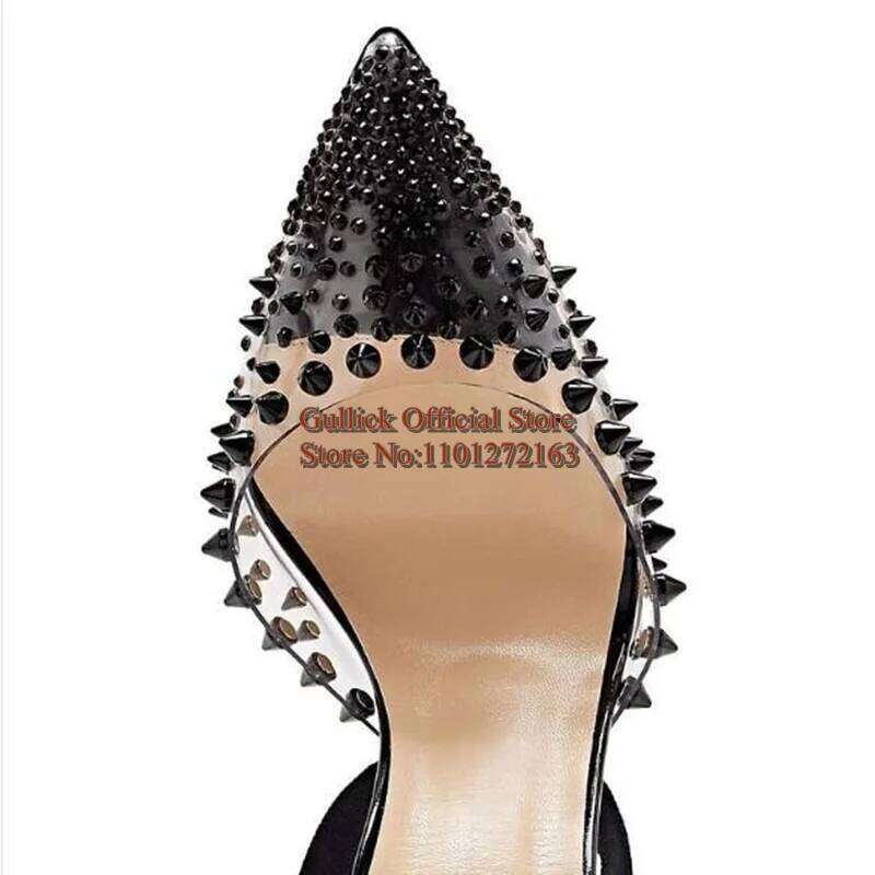 Sexy Black Rivets Spikes High Heels Lace Up Clear PVC Transparent Pointed Toe Banquet Studded Party Shoes Size 42
