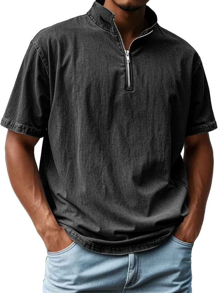 Vintage Loose Solid Color Polo Shirt Mens Fashion Zip-up Stand Collar Tops Men Summer Casual Short Sleeve Polo Neck Pullover Top 250530