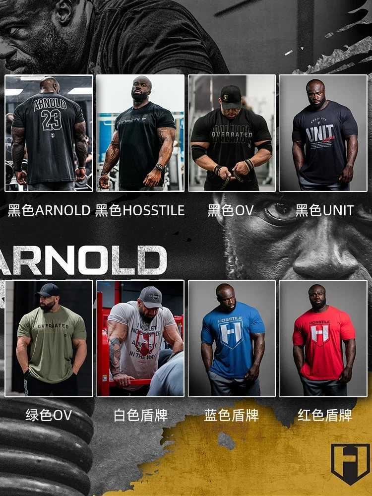 HOSSTILE Short Sleeved Fitness American Loose Muscle Tough Guy Top Breathable Sports Arnold ic T-shirtC250605