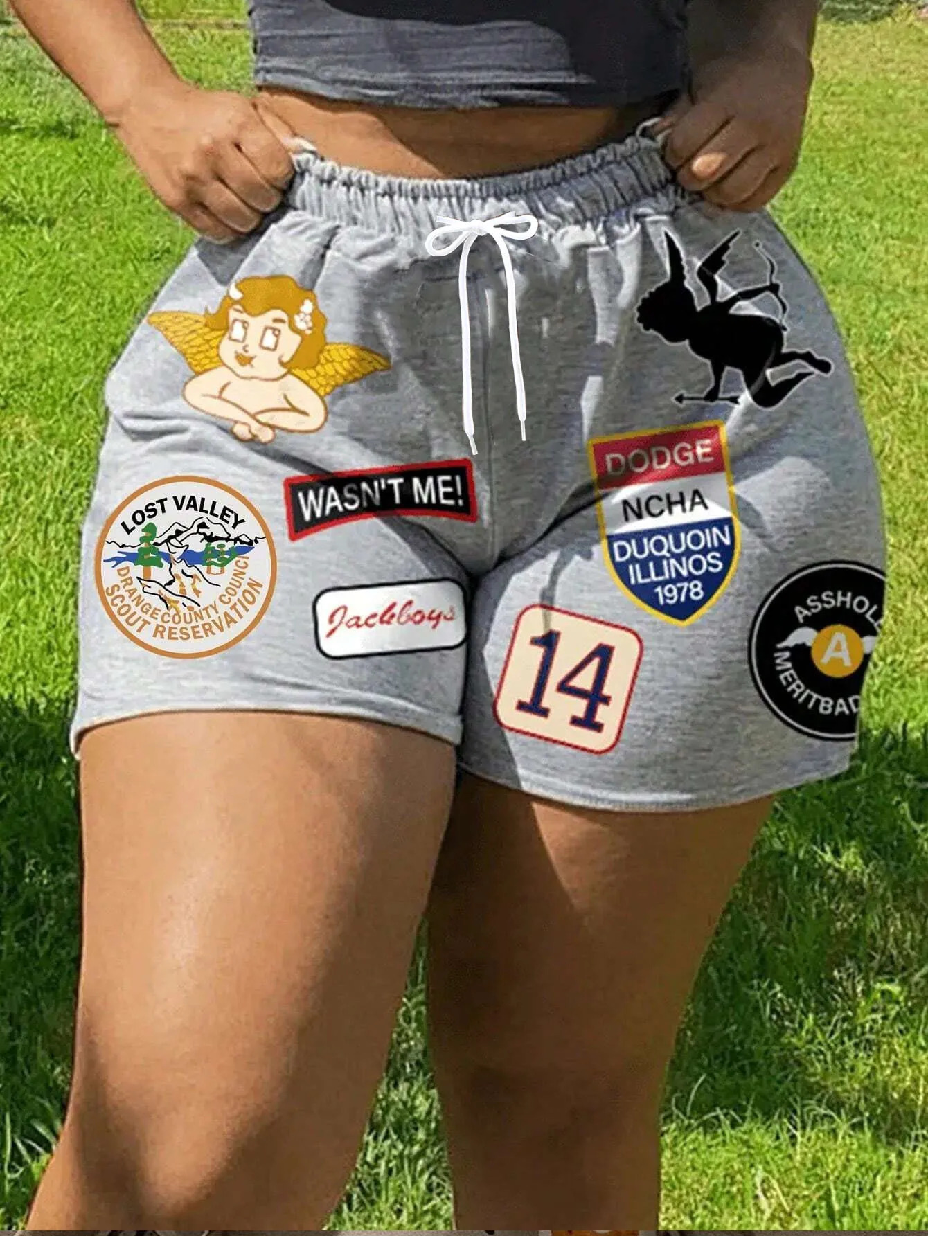 Womens shorts gray cartoon letter printed oversized loose pants storage sleeping casual home beach shorts 250604