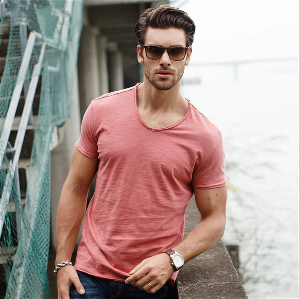 Quality 100% Cotton Men T-shirt V-neck Fashion Slim Fit Solid Male Tops Tees Short Sleeve 250529