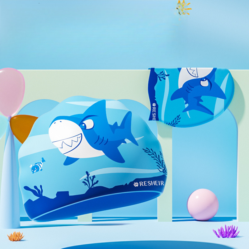Children's Silicone Swim Comfortable Non-Tightening Boys Girls Cute Shark Fashion Print Swimming Cap