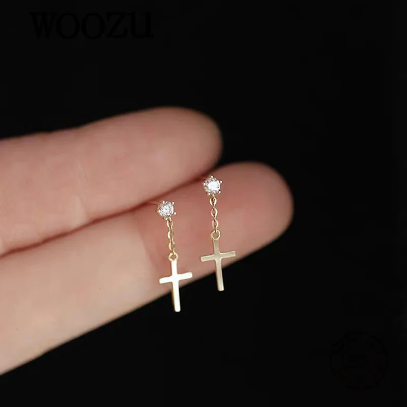 WOOZU 925 Sterling Silver 14k Gold Plated Zircon Cross Tassel Stud Earrings for Women Punk Gothic Birthday Jewelry Gift 250604
