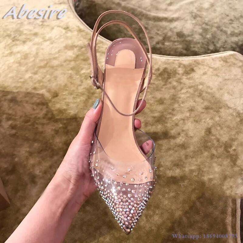 Abesire New PVC Sandals Pointed Toe Buckle High Heels Summer Shoes For Women Stilettos Clear Crystal Pumps
