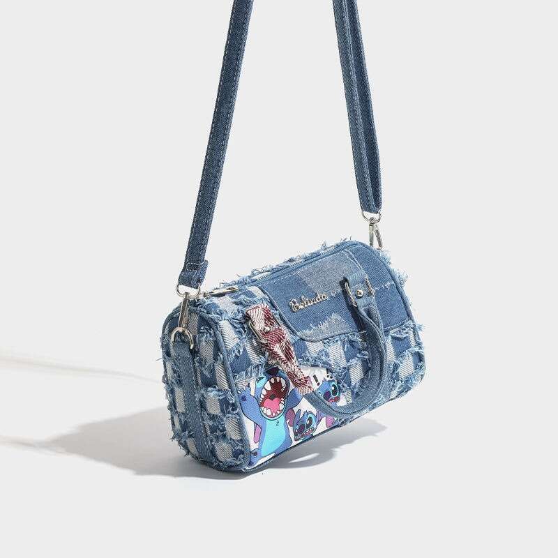 2025 Autumn Winter New Niche Cute Cartoon Stitch Denim Ripped Plaid Patchwork Crossbody Handbag Pillow Bag
